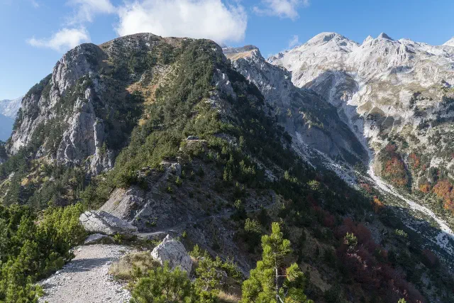 Wandelpad over de Valbona-pas tussen Theth en Valbonë met uitzicht over de Albanese Alpen Wandelpad over de Valbona-pas tussen Theth en Valbonë met uitzicht over de Albanese Alpen